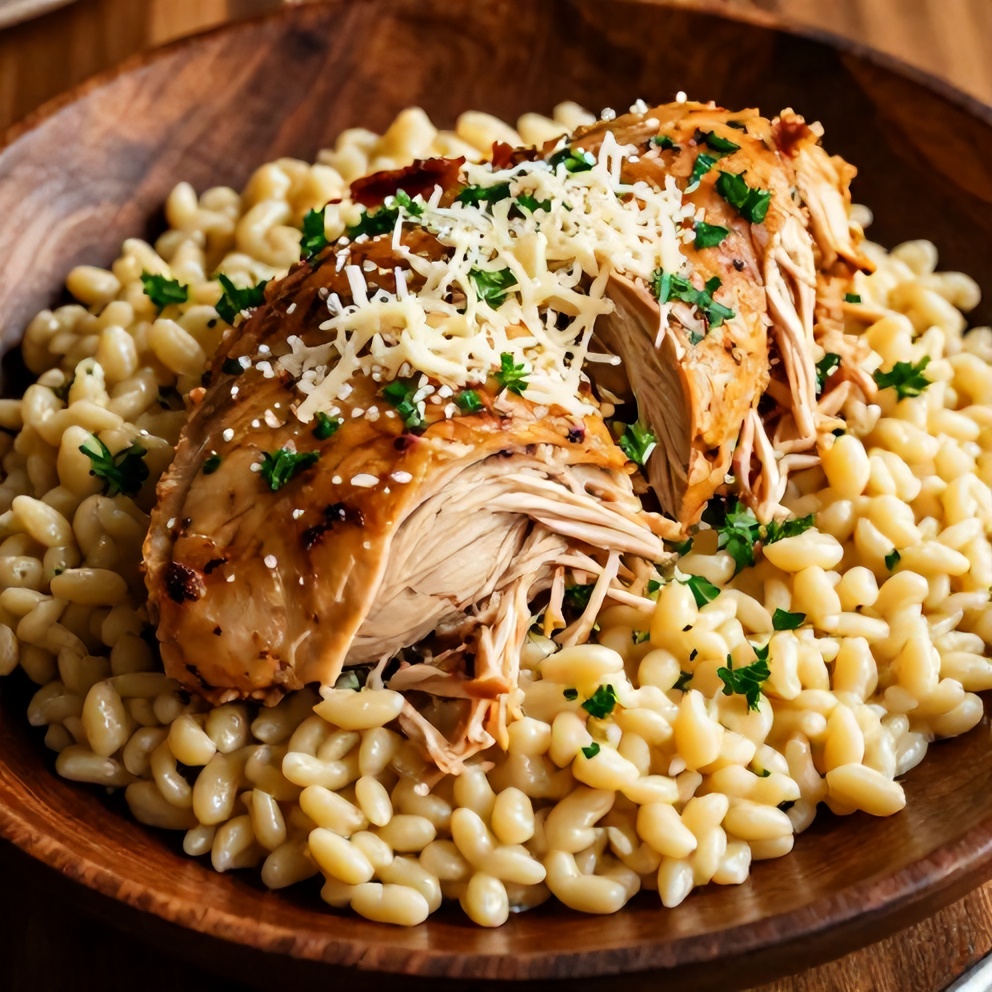 Plated serving of Slow Cooker Parmesan Herb Chicken with Creamy Orzo