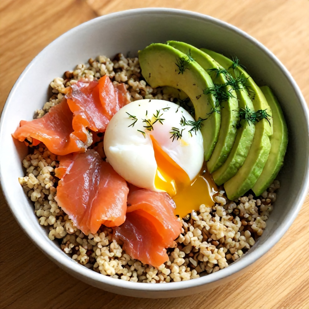 Finished smoked salmon quinoa breakfast bowl