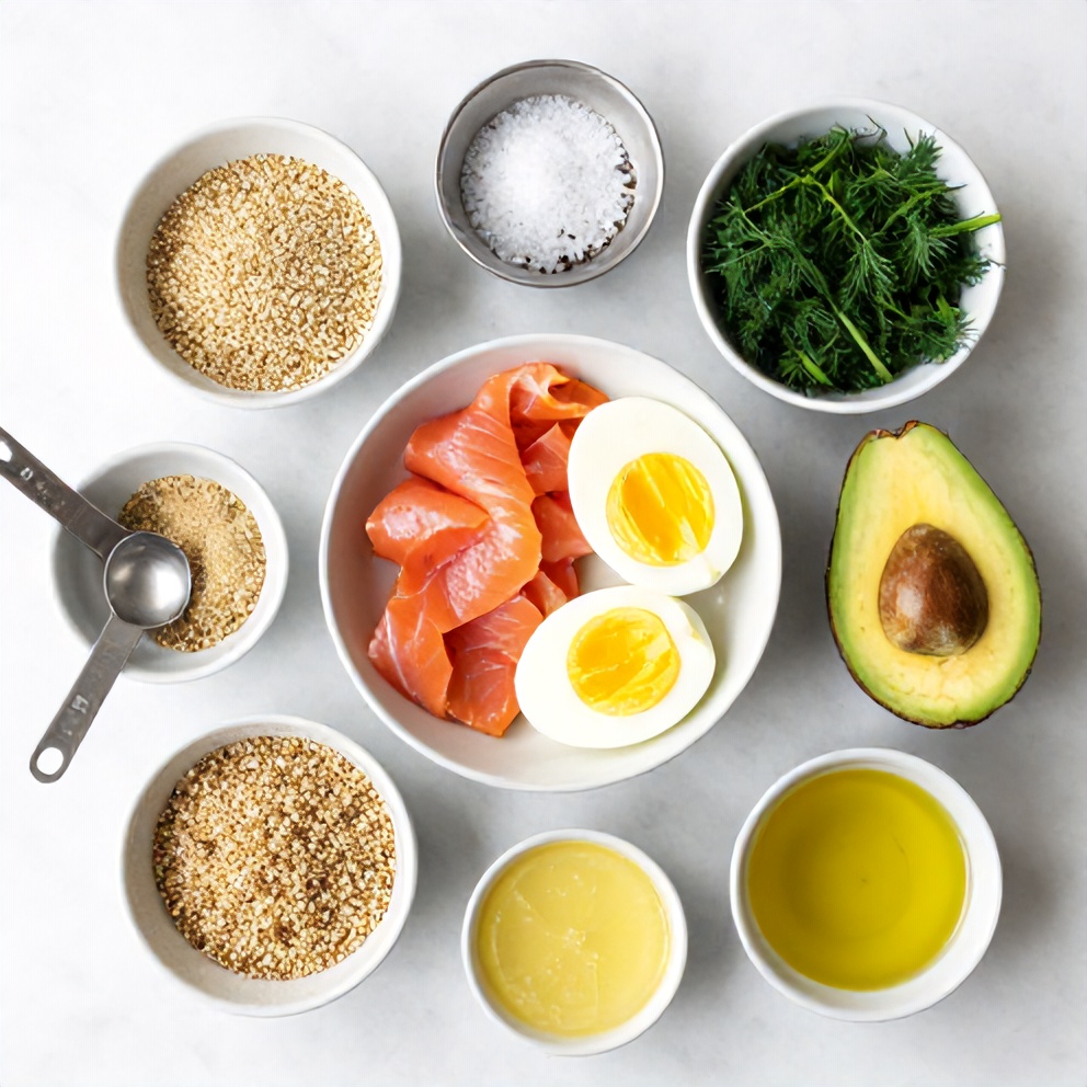 Raw ingredients for smoked salmon quinoa breakfast bowls