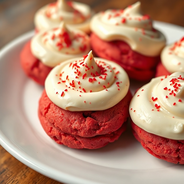 Soft red velvet cookies with cream cheese frosting. Perfectly plated with a sprinkle of red sugar.