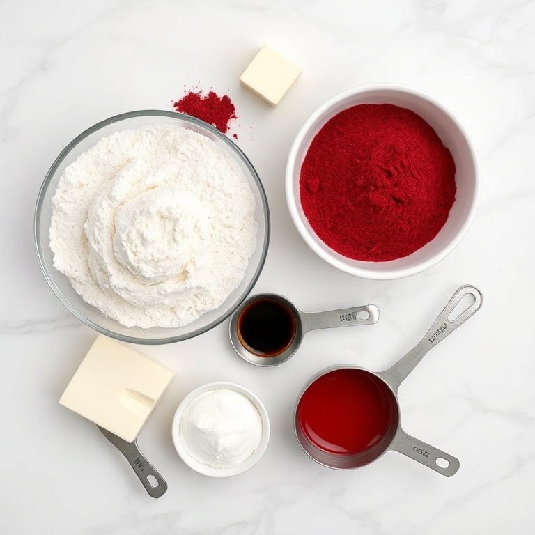 All ingredients for soft red velvet cookies. Flour, butter, cocoa powder, baking soda, red food coloring, cream cheese, and powdered sugar.