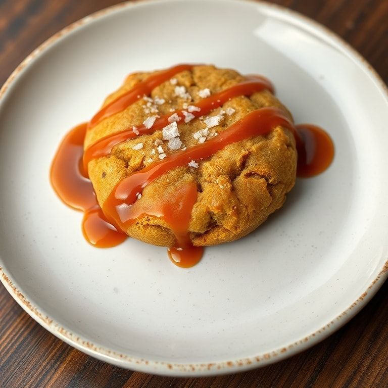 One spicy gochujang caramel cookie plated with a drizzle of caramel sauce and a sprinkle of sea salt