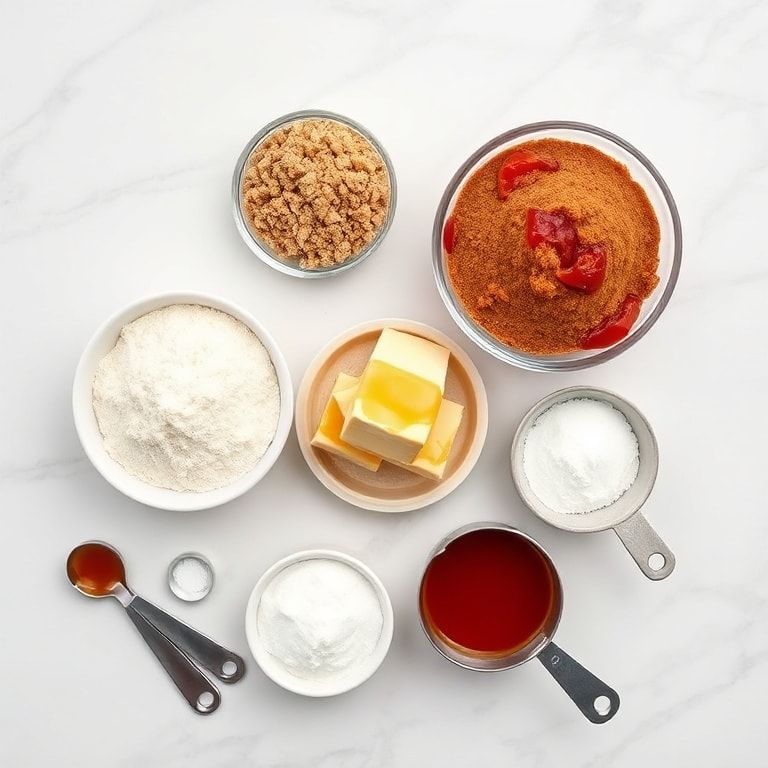 Raw ingredients for spicy gochujang caramel cookies including flour, sugar, butter, eggs, gochujang paste, and caramel sauce arranged in prep bowls