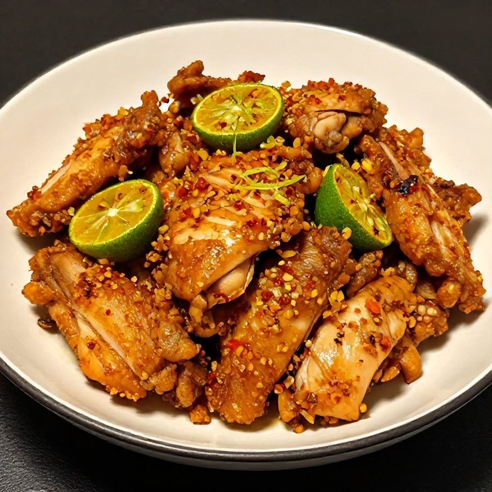 Plated chicken with lime zest and chili flakes. Plate with dark rim. Warm side lighting. Crispy edges visible. Photorealistic food photography. No text. No watermark.