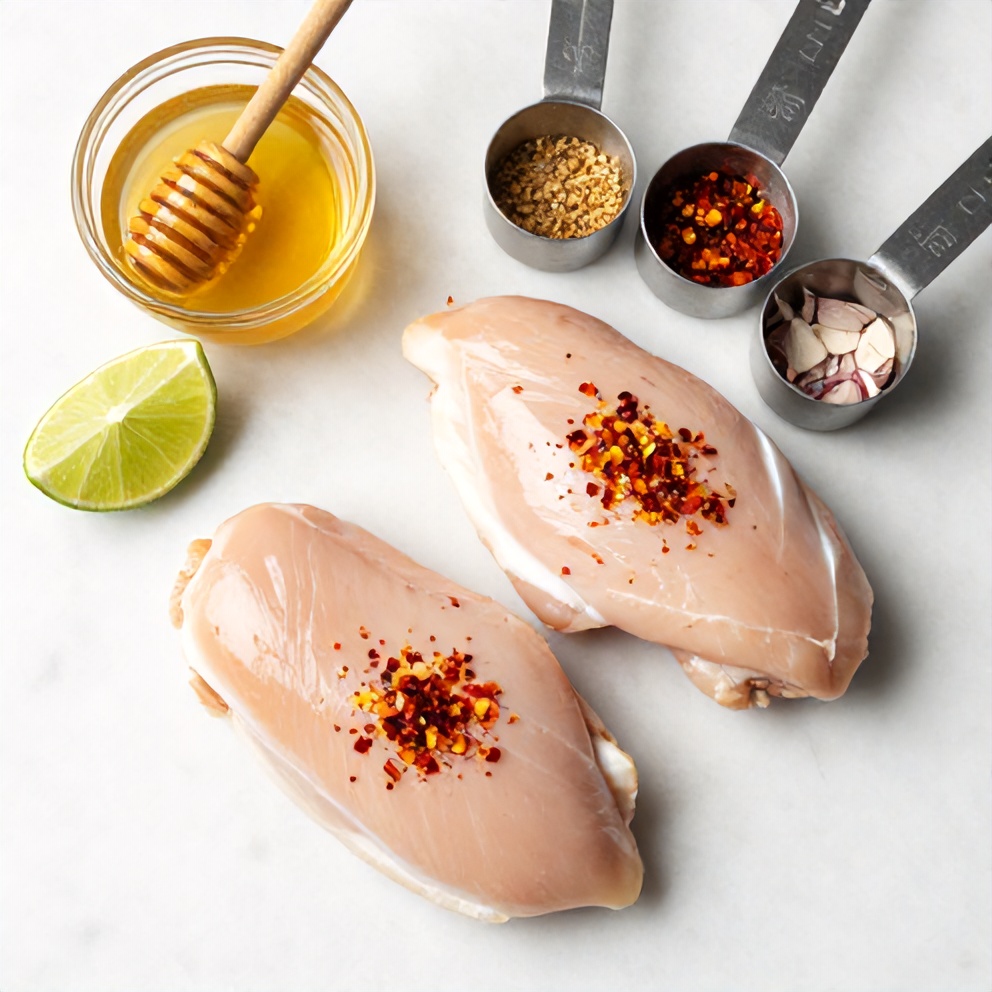 Chicken breasts, honey, lime, chili flakes, garlic, onion. Measuring cups and spoons. White marble surface. Bright even light. Photorealistic overhead food photography. No text. No watermark.