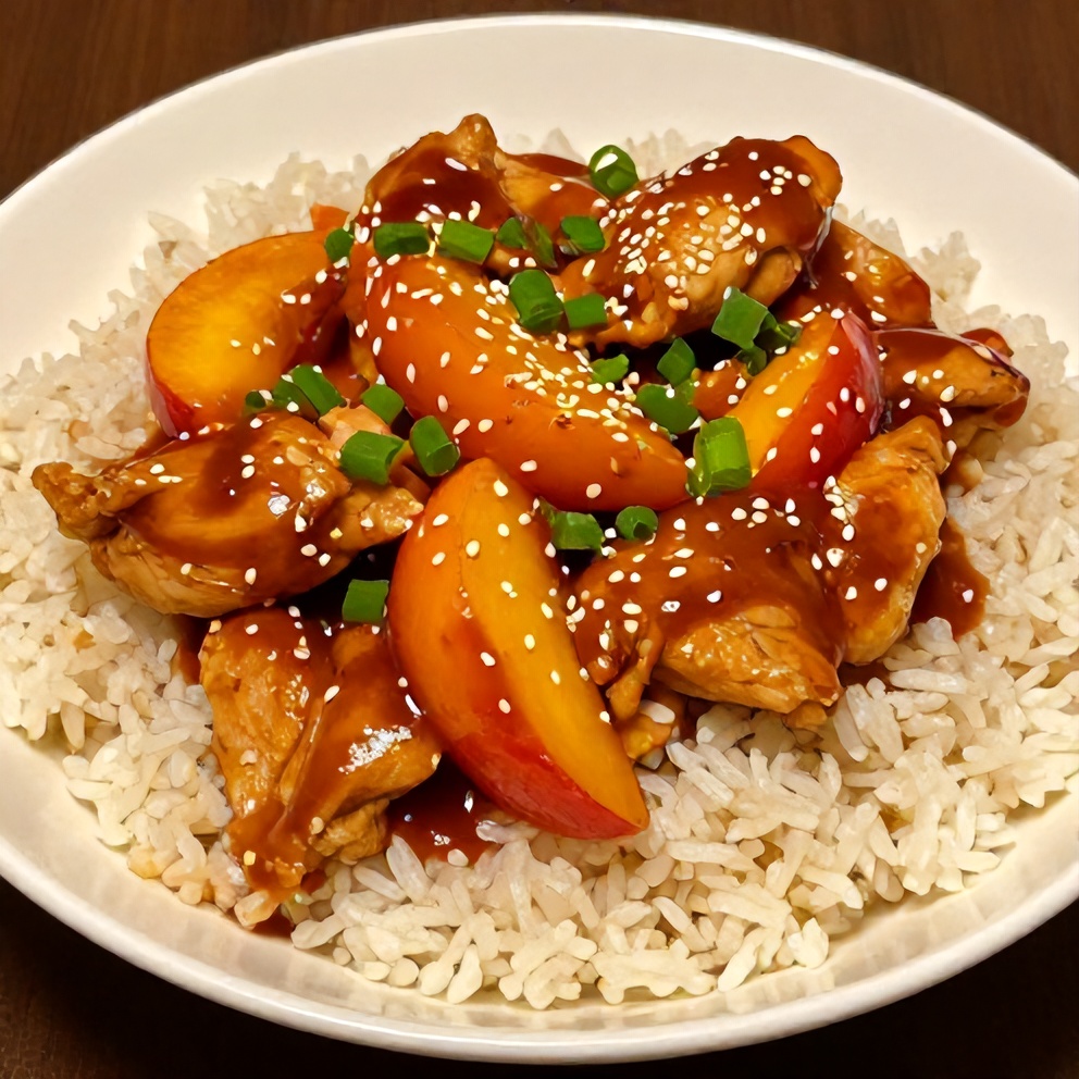 Plated Spicy Jalapeño Peach Chicken with garnish
