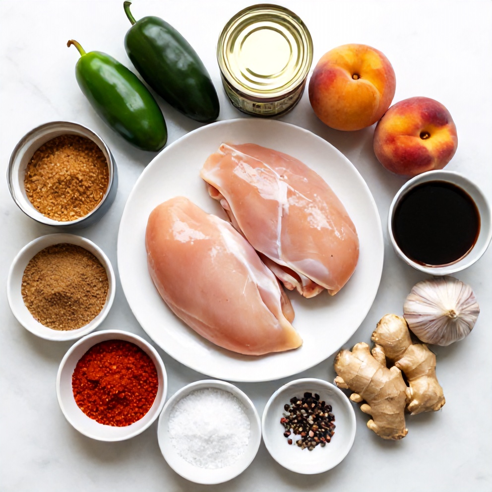 Raw ingredients for Spicy Jalapeño Peach Chicken