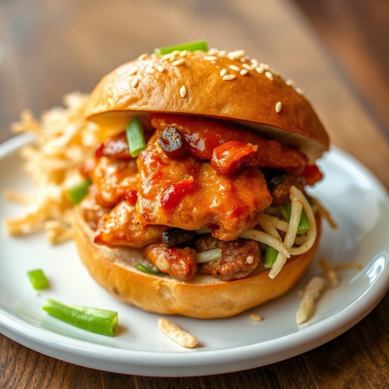 Perfectly plated Spicy Korean BBQ Chicken Sandwich. Crispy slaw on the side. Garnished with sesame seeds and green onions. White plate with warm lighting.