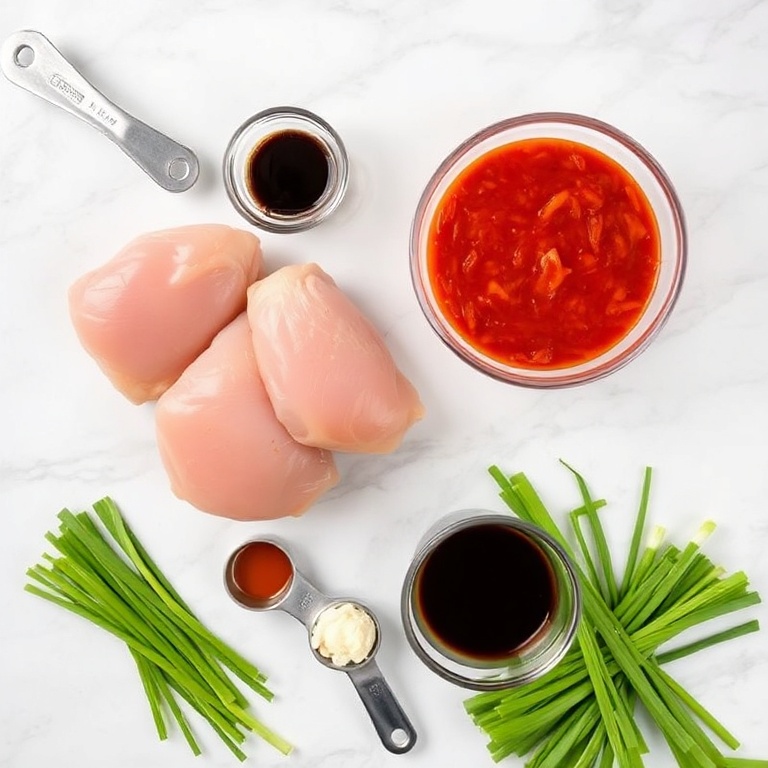 Raw chicken thighs, gochujang, garlic, ginger, soy sauce, and green onions. Measuring spoons, mixing bowl, and a cutting board. Fresh ingredients on a white marble surface.