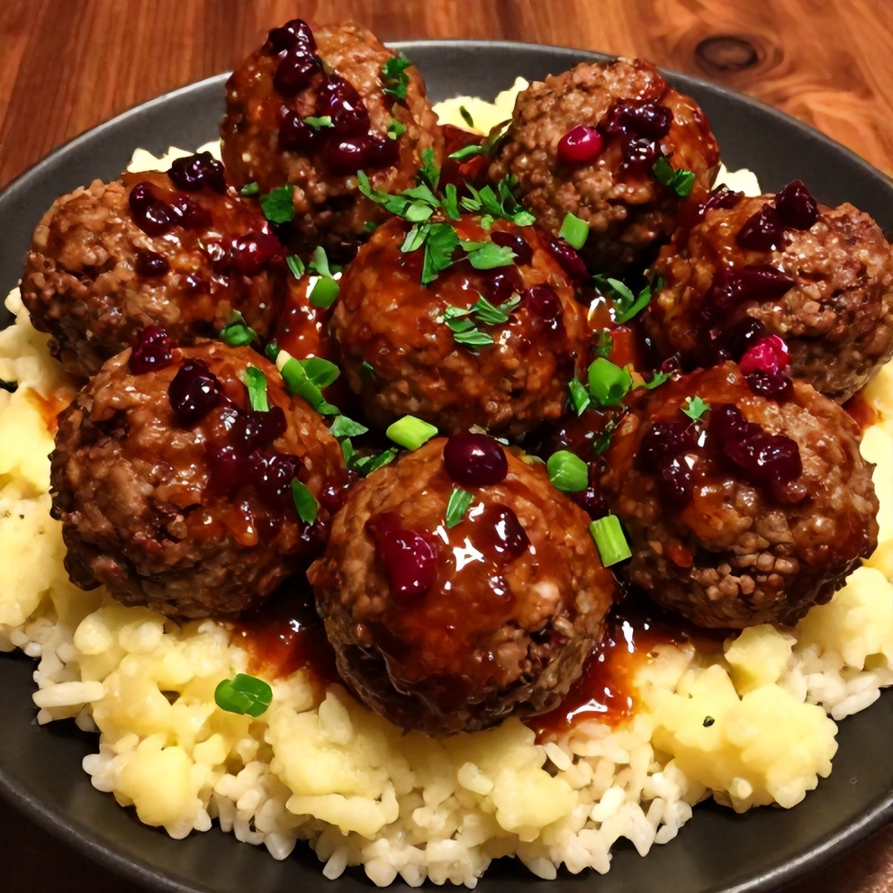 Plated serving of Sweet and Tangy Cranberry Meatballs