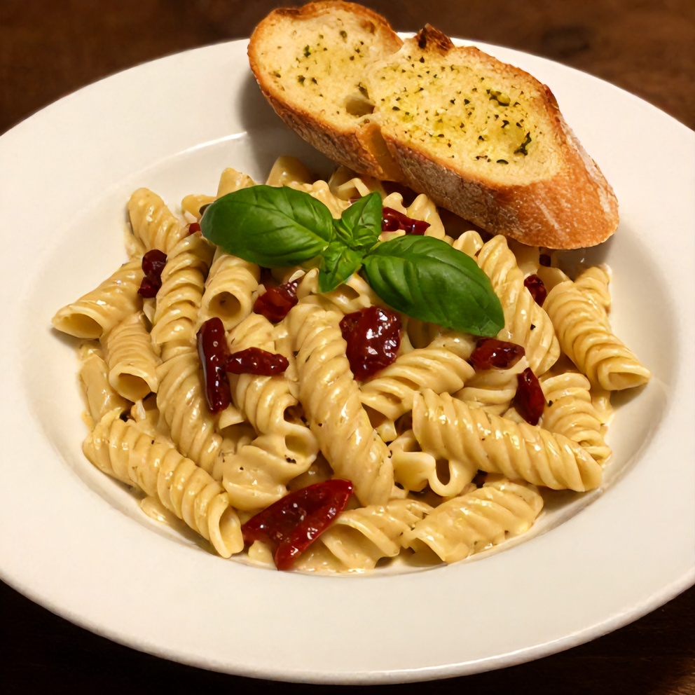 Plated vegan sun dried tomato pasta with garlic bread