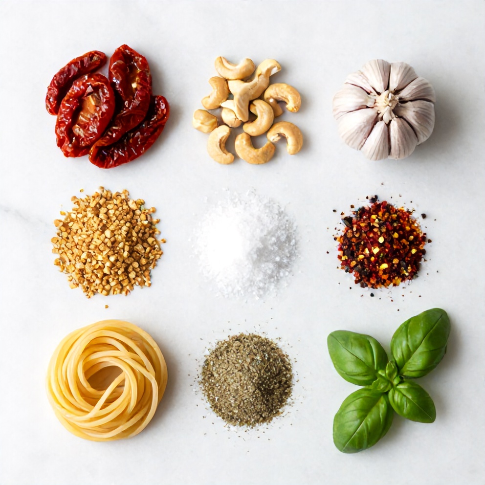 Raw ingredients for vegan sun dried tomato pasta