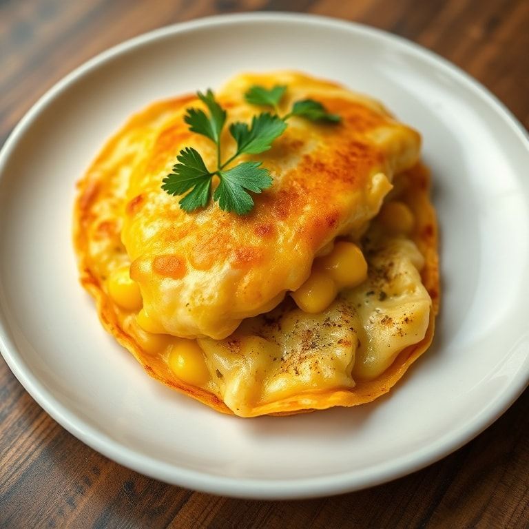 One plated Venezuelan sweet corn cachapa garnished with fresh herbs on a white ceramic plate