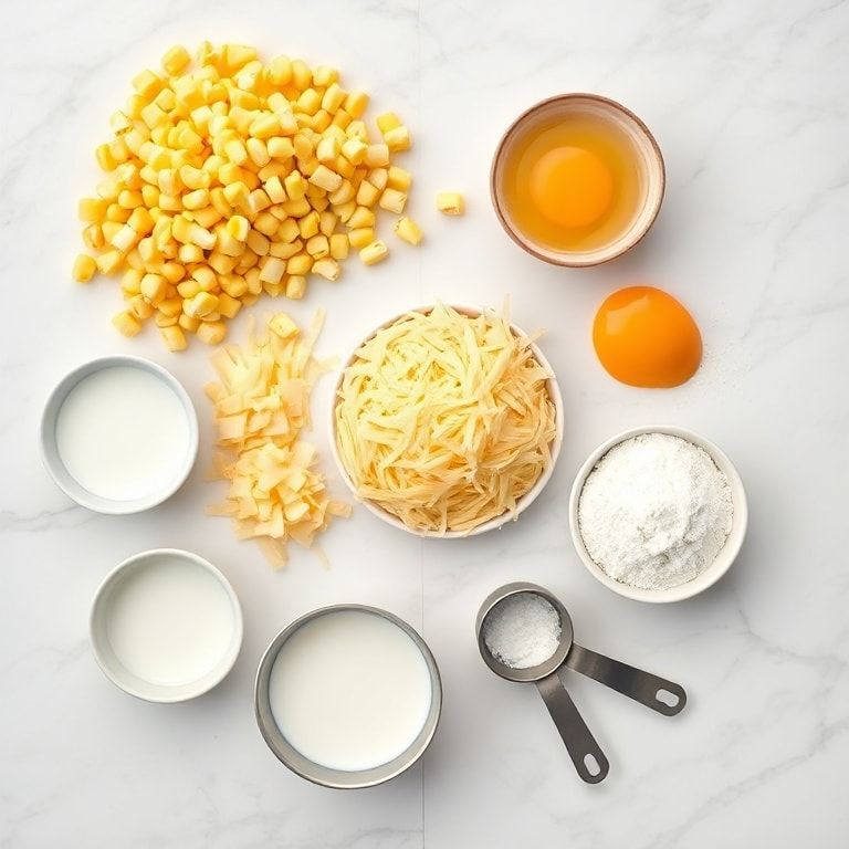Raw ingredients flat lay with fresh corn, yellow cornmeal, shredded mozzarella, eggs, and sugar on a white marble surface