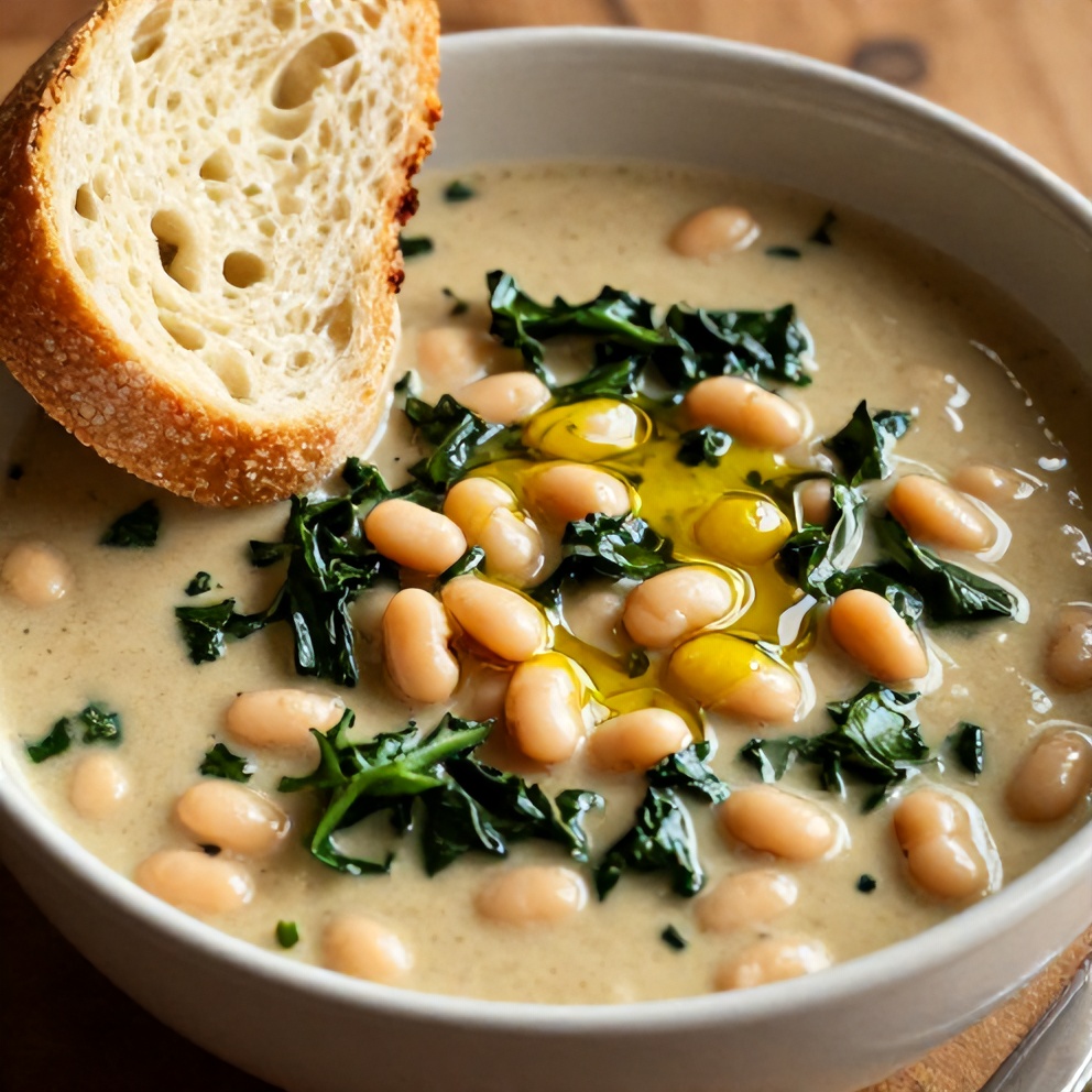 Bowl of white bean and kale soup with a slice of bread
