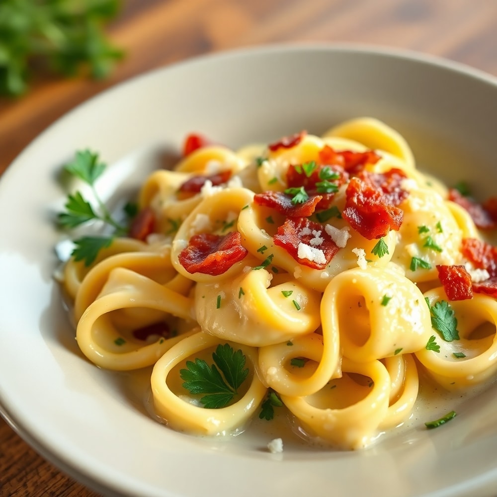 Plated tortellini carbonara with fresh parsley and parmesan