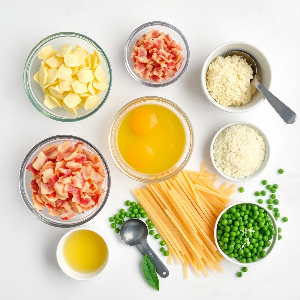 Raw ingredients for tortellini carbonara: cheese, bacon, garlic, eggs, pasta, peas, and parmesan