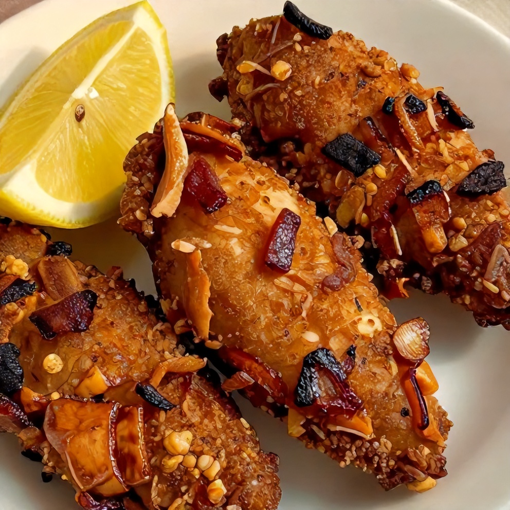 Plated Bacon Brown Sugar Chicken Tenders with a lemon wedge