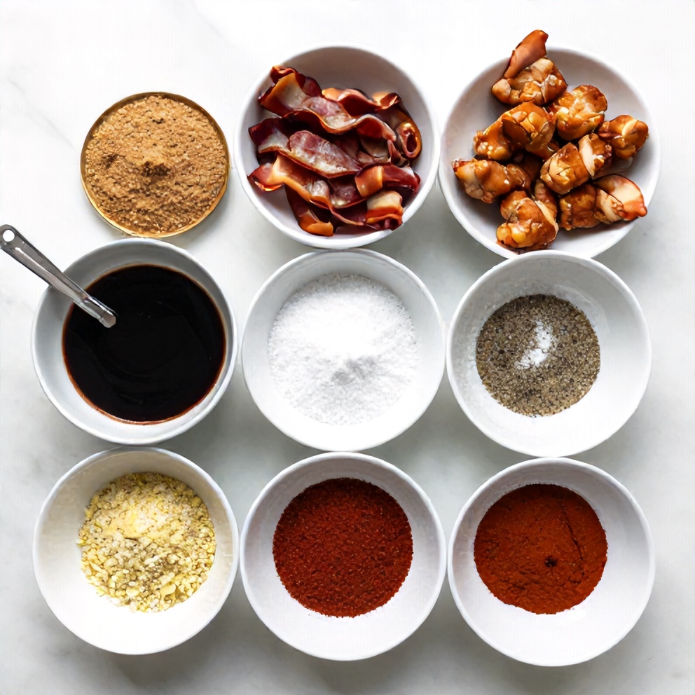 Raw ingredients for Bacon Brown Sugar Chicken Tenders on a white marble surface