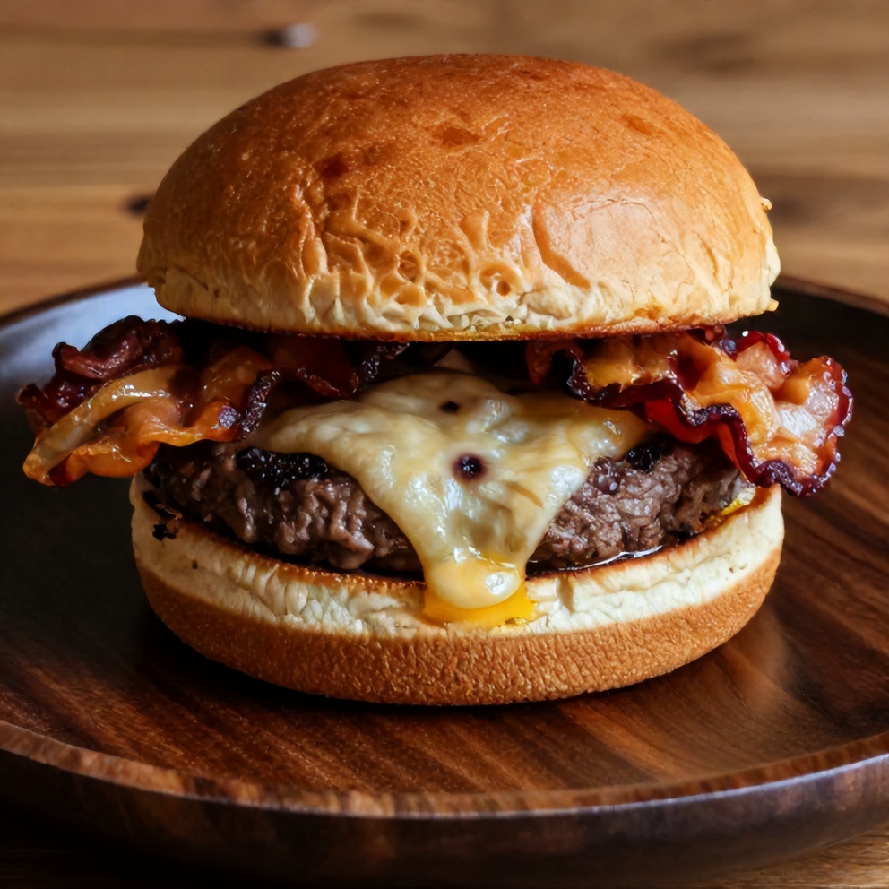 Bacon Double Smash Burger on Plate with Lettuce, Tomato, and Onions