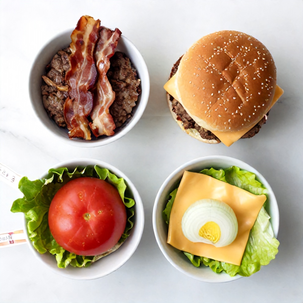 Raw Ingredients for Bacon Double Smash Burger: Ground Beef, Bacon, Buns, Cheese, Onions, Lettuce, Tomato