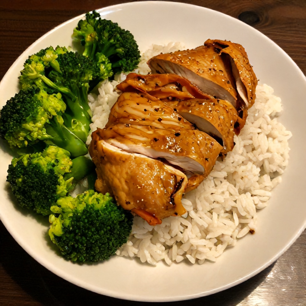 Plated Bang Bang Chicken with steamed rice and broccoli