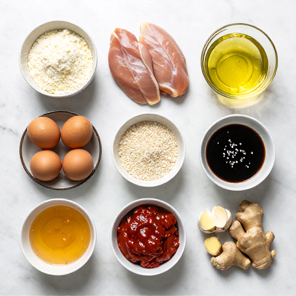 Raw ingredients for Bang Bang Chicken on a white marble surface