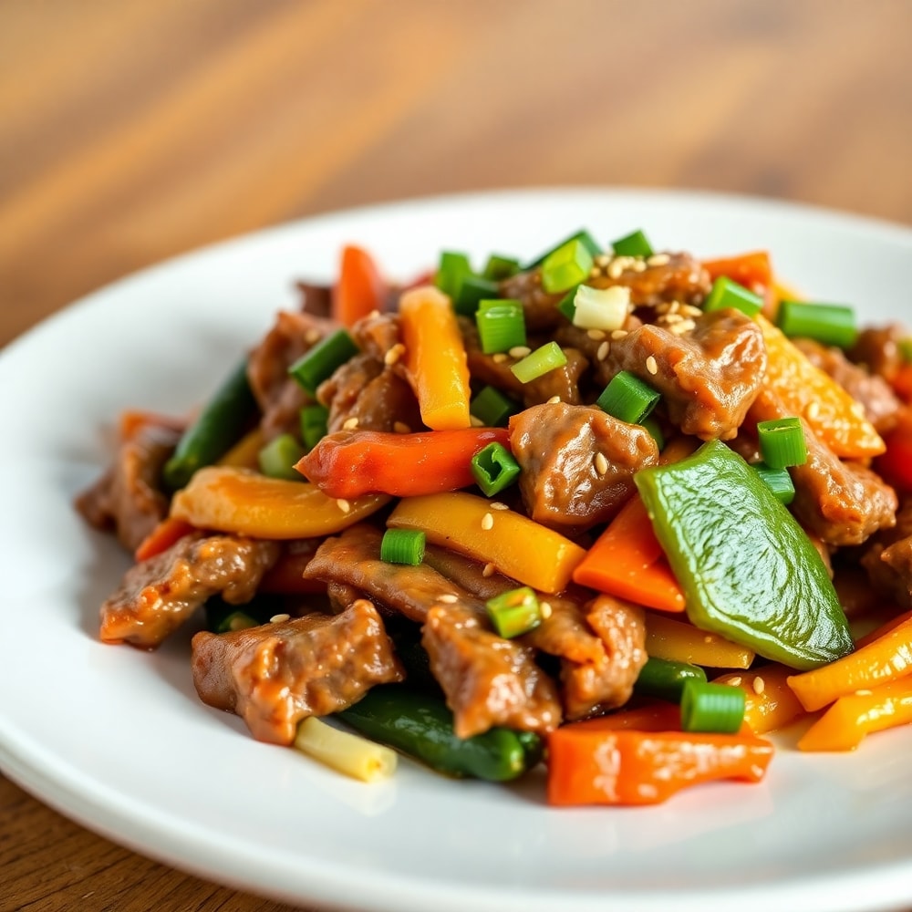 Beef Stir Fry with Vegetables on a Plate