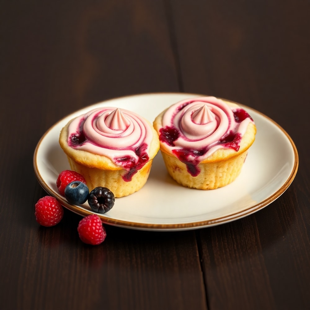 Plated berry cream cheese muffins with a creamy cheesecake swirl