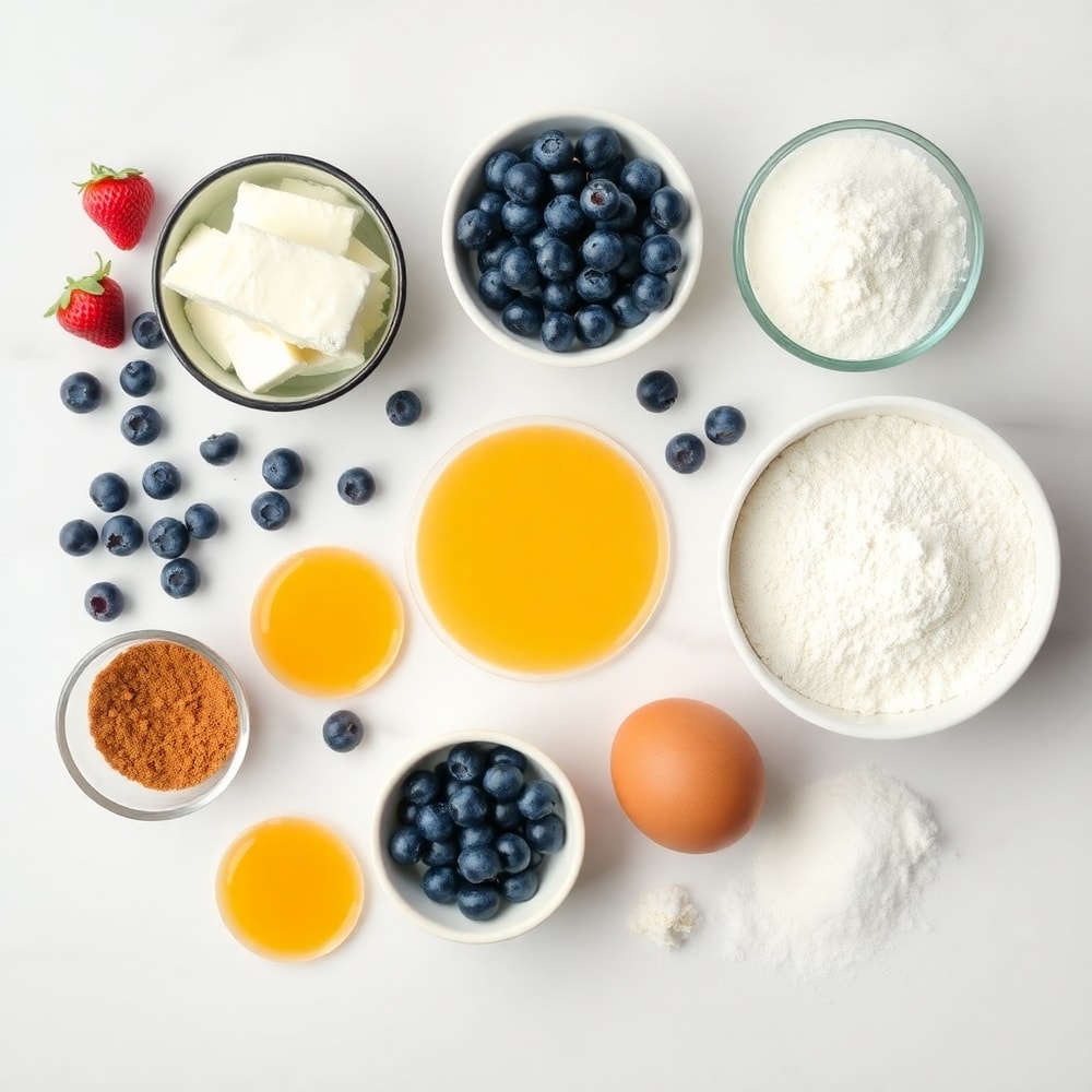 Blueberries, cream cheese, flour, sugar, eggs, and other ingredients for berry cream cheese muffins