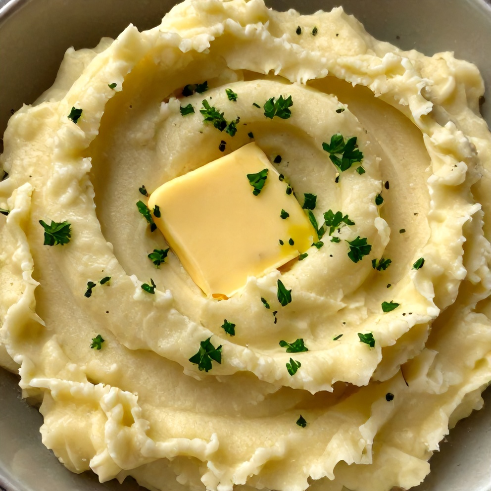 Plated serving of creamy mashed potatoes with a pat of butter and fresh parsley