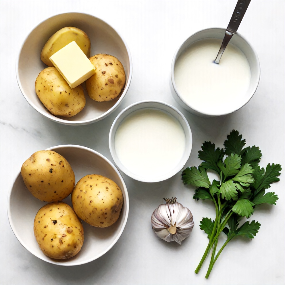Raw ingredients for potato side dishes including potatoes, butter, milk, garlic, and fresh herbs