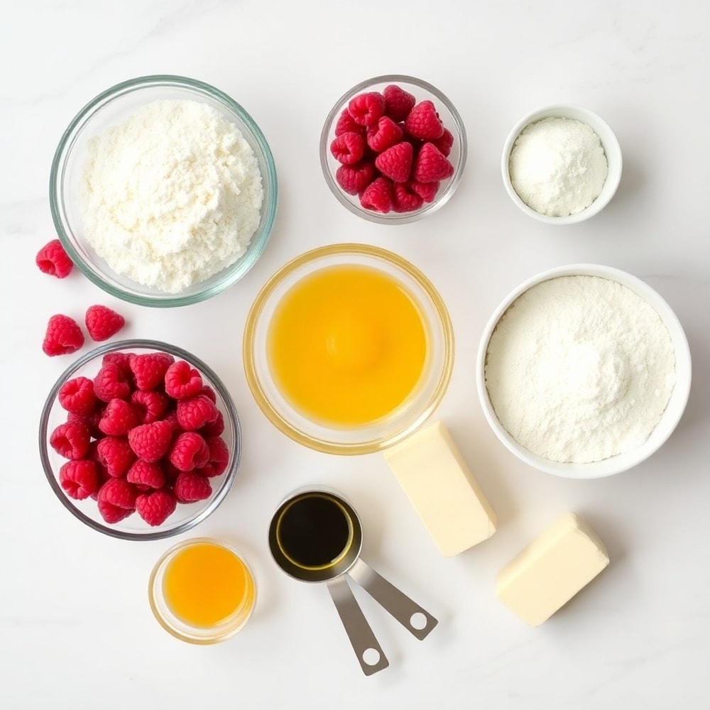 Raspberries, flour, sugar, eggs, butter, and other ingredients for raspberry bread