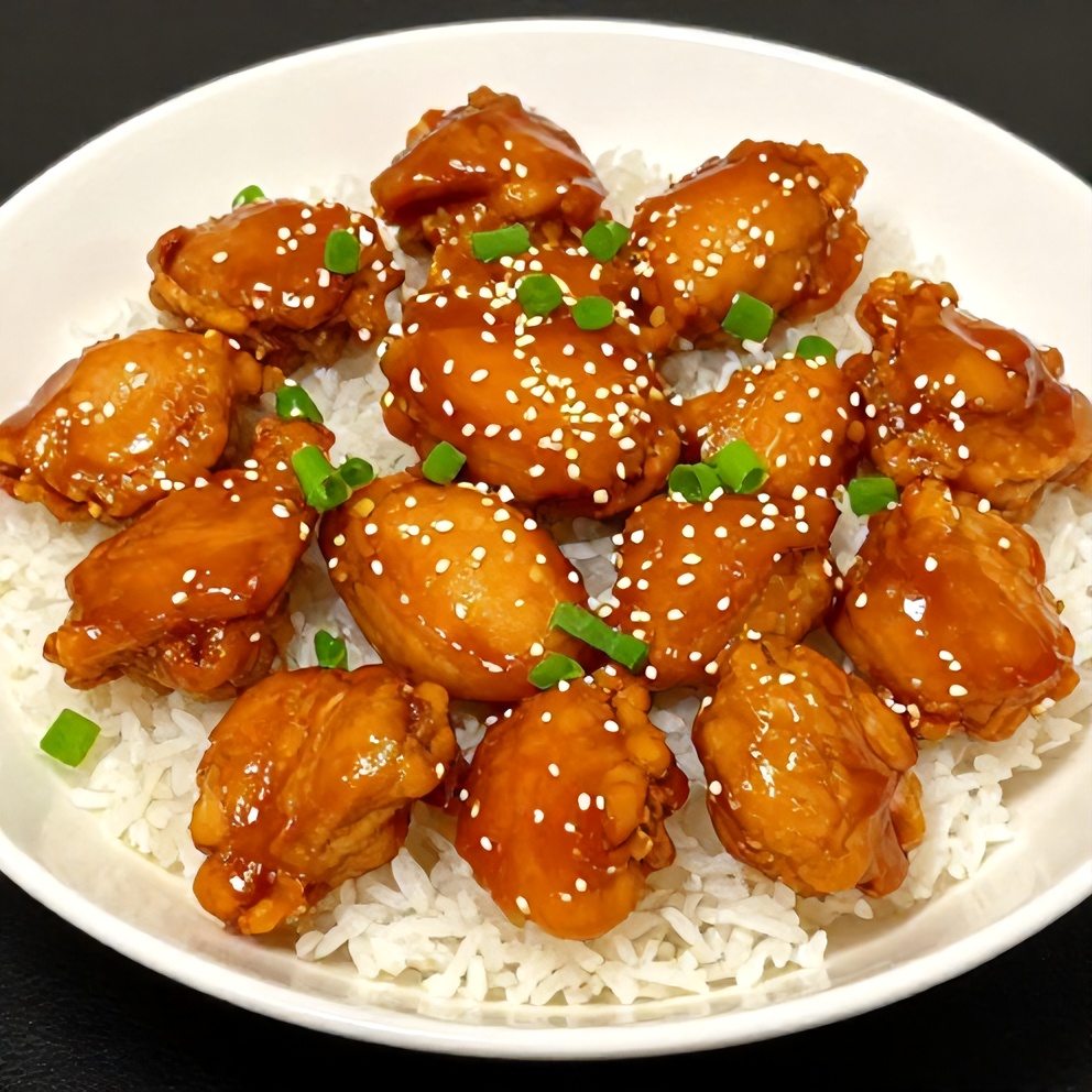 Plated orange chicken with steamed rice