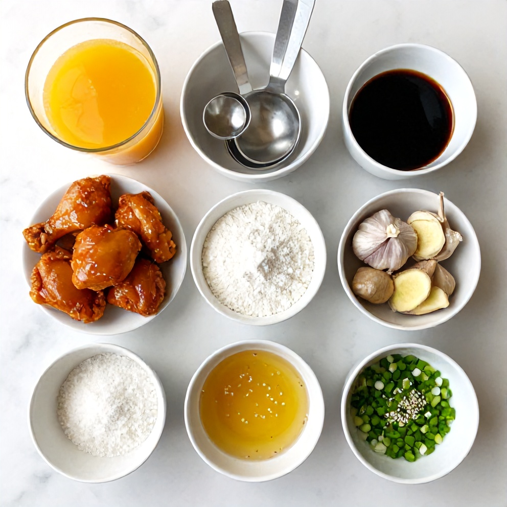 Raw ingredients for orange chicken: chicken, orange juice, soy sauce, cornstarch, garlic, ginger, sugar, rice vinegar, sesame oil, green onions, sesame seeds