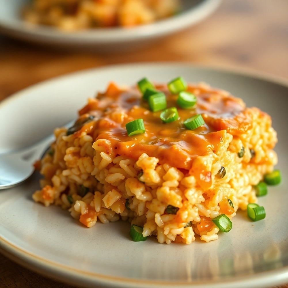 One perfect serving of Teriyaki Tofu Rice Casserole on a plate, garnished with green onions.