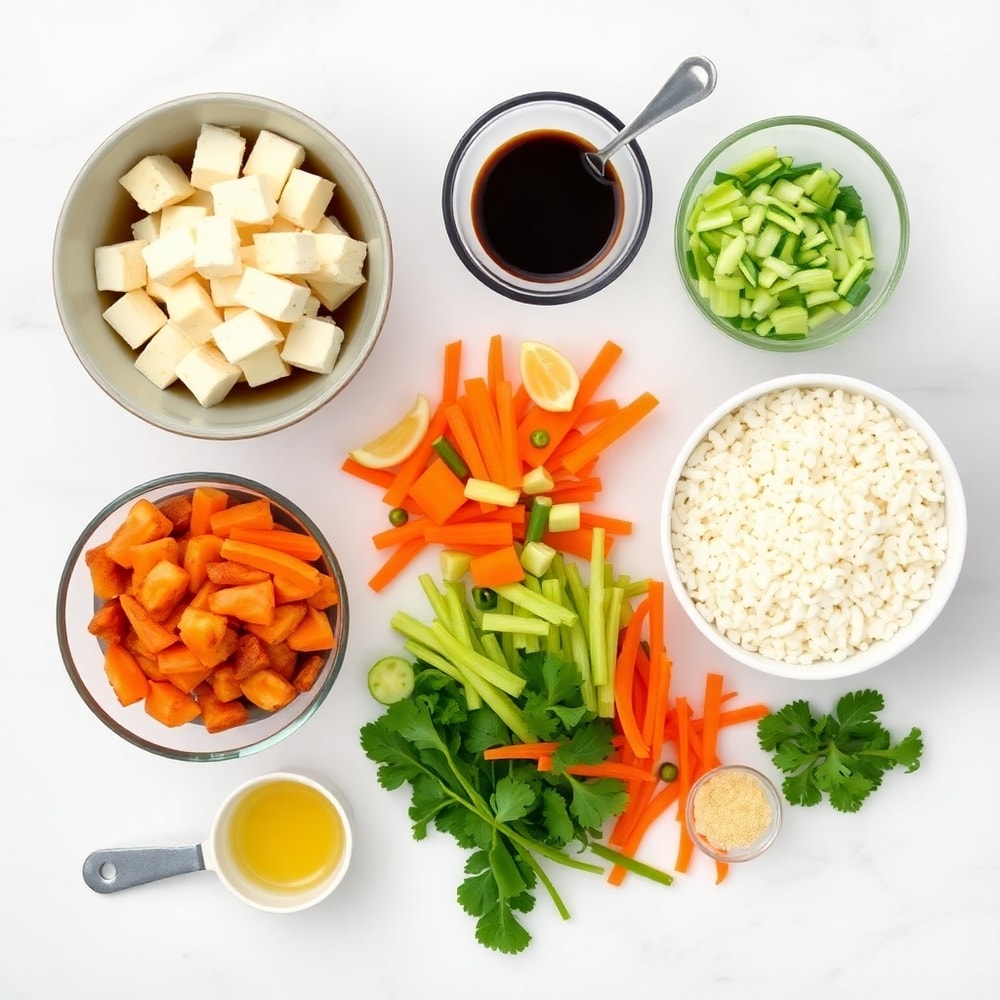 Raw ingredients for Teriyaki Tofu Rice Casserole: tofu, mixed veggies, rice, teriyaki sauce, soy sauce, garlic, ginger, and cornstarch.
