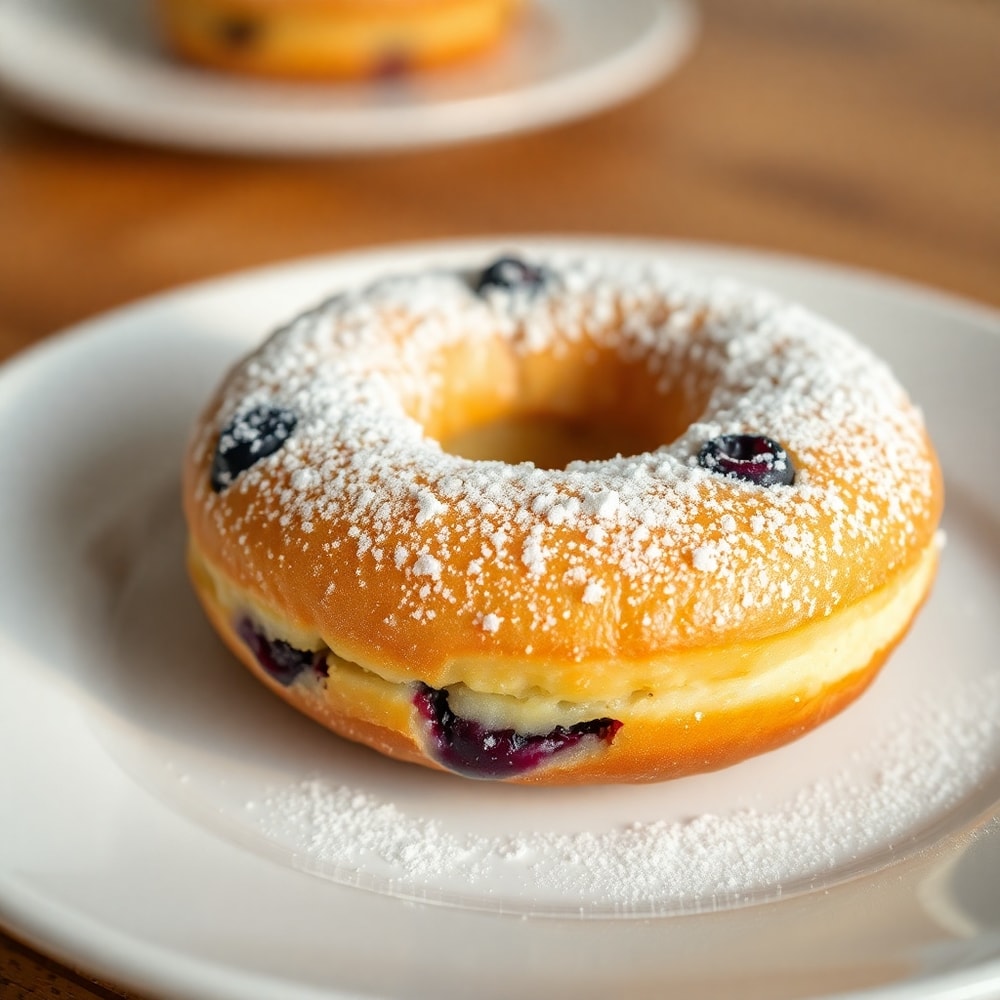 Plated Blueberry Cake Donut with a dusting of powdered sugar