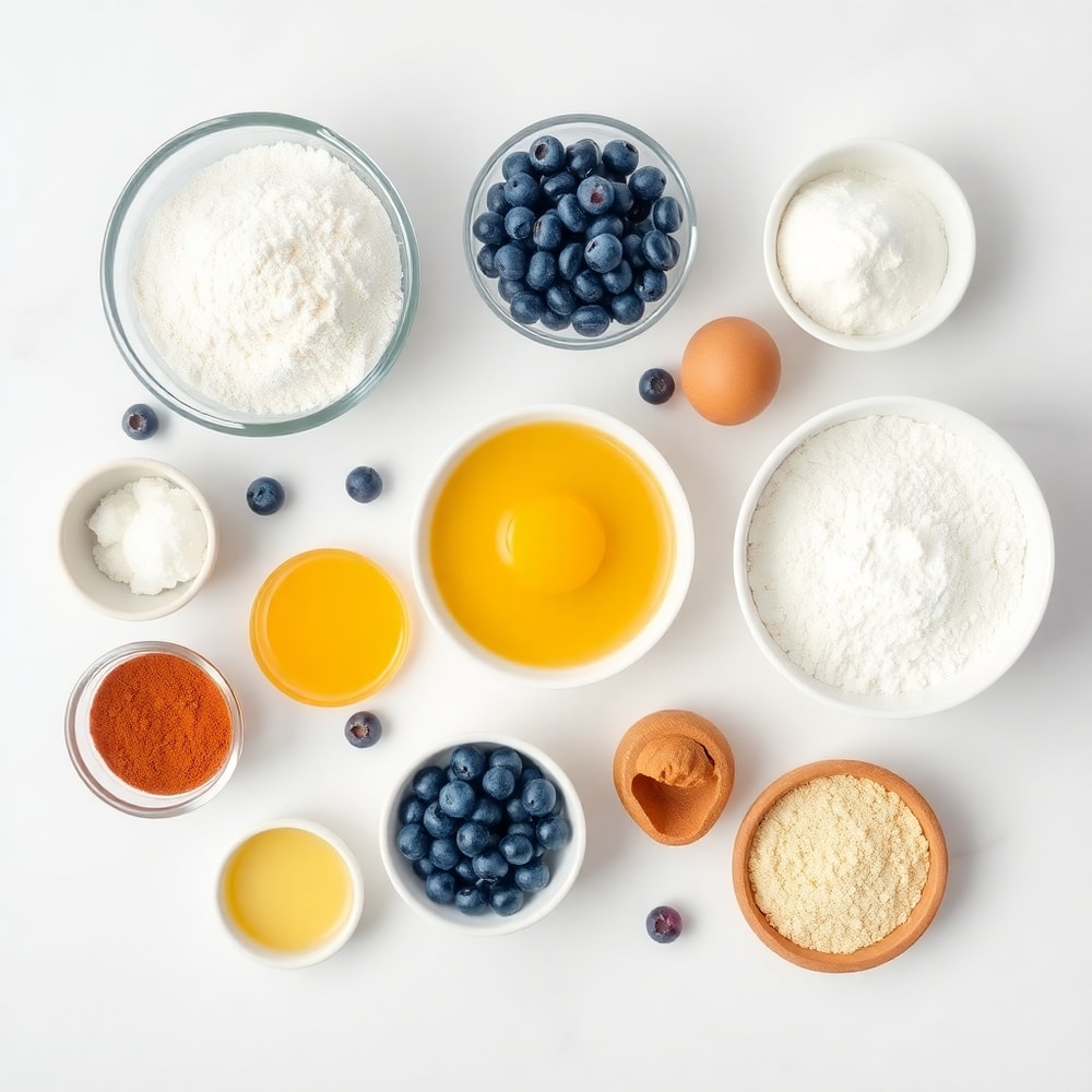 Blueberries, flour, sugar, eggs, and other ingredients for Blueberry Cake Donuts