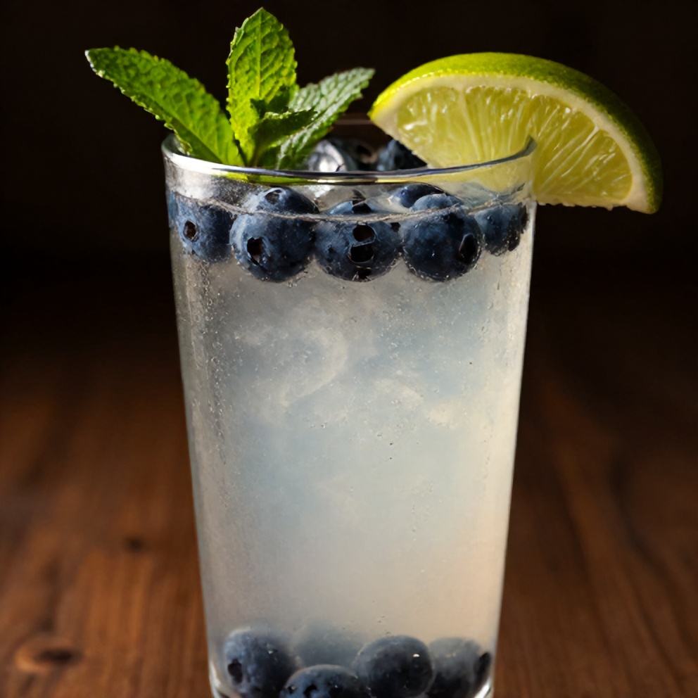 Blueberry Coconut Water Drink garnished with mint and lime
