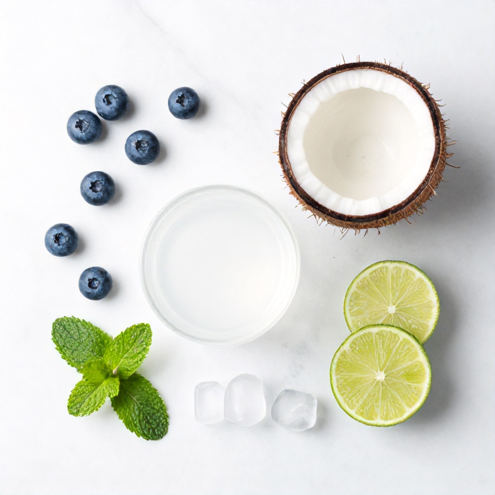 Blueberries, coconut water, lime, mint, and ice arranged in a flat lay