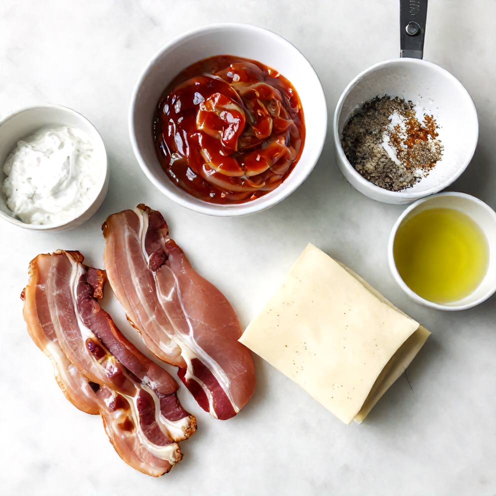 Raw ingredients for Buffalo Chicken Bacon Mozzarella on a white marble surface