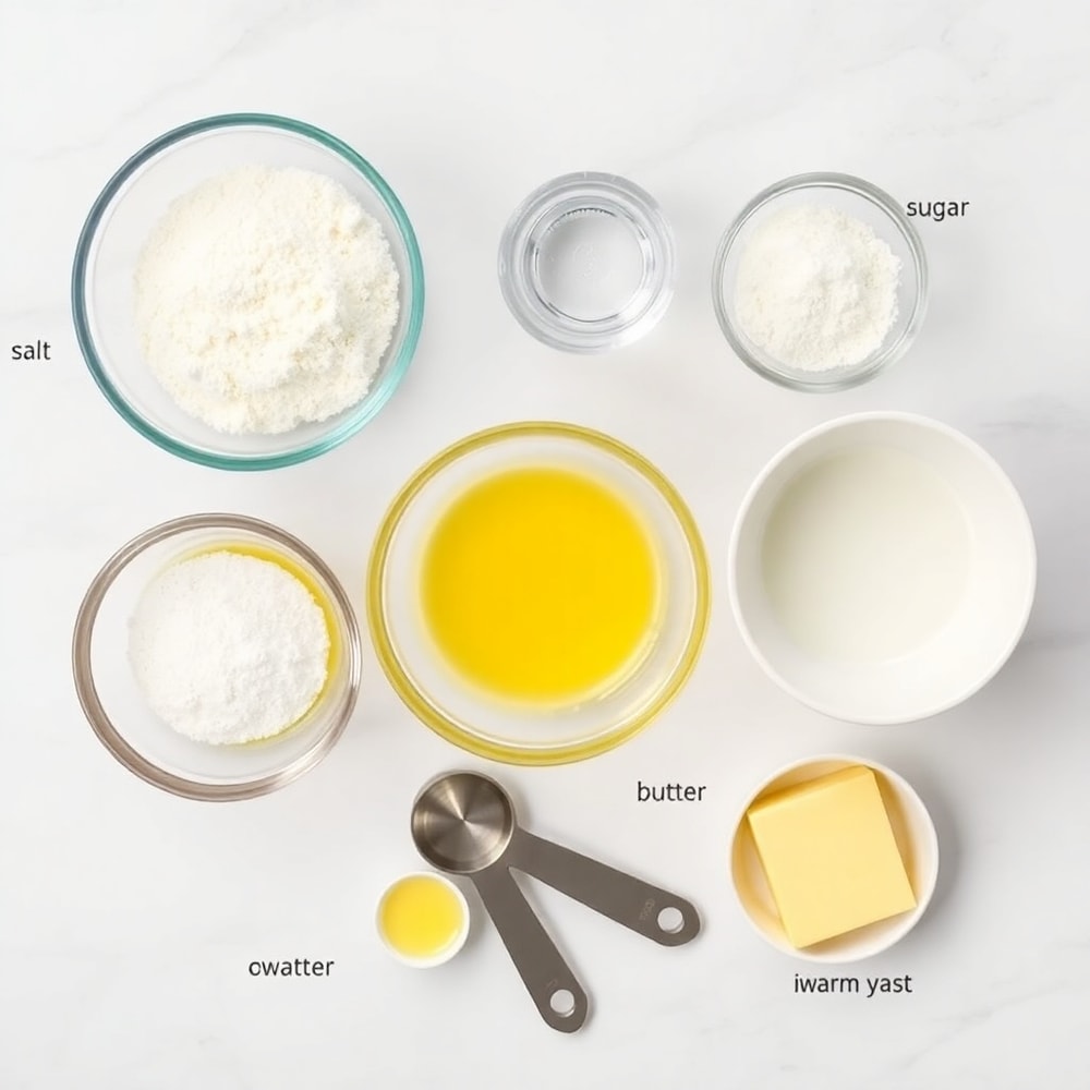 Raw ingredients for Buttery Soft Pretzel Bites arranged in an overhead flat lay, including flour, salt, water, and baking soda