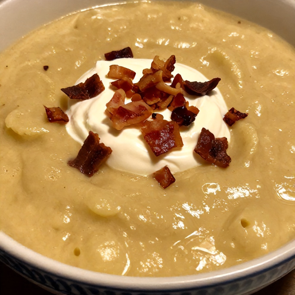 A bowl of Cajun-Style Creamy Potato Soup, topped with a dollop of sour cream and crispy bacon bits