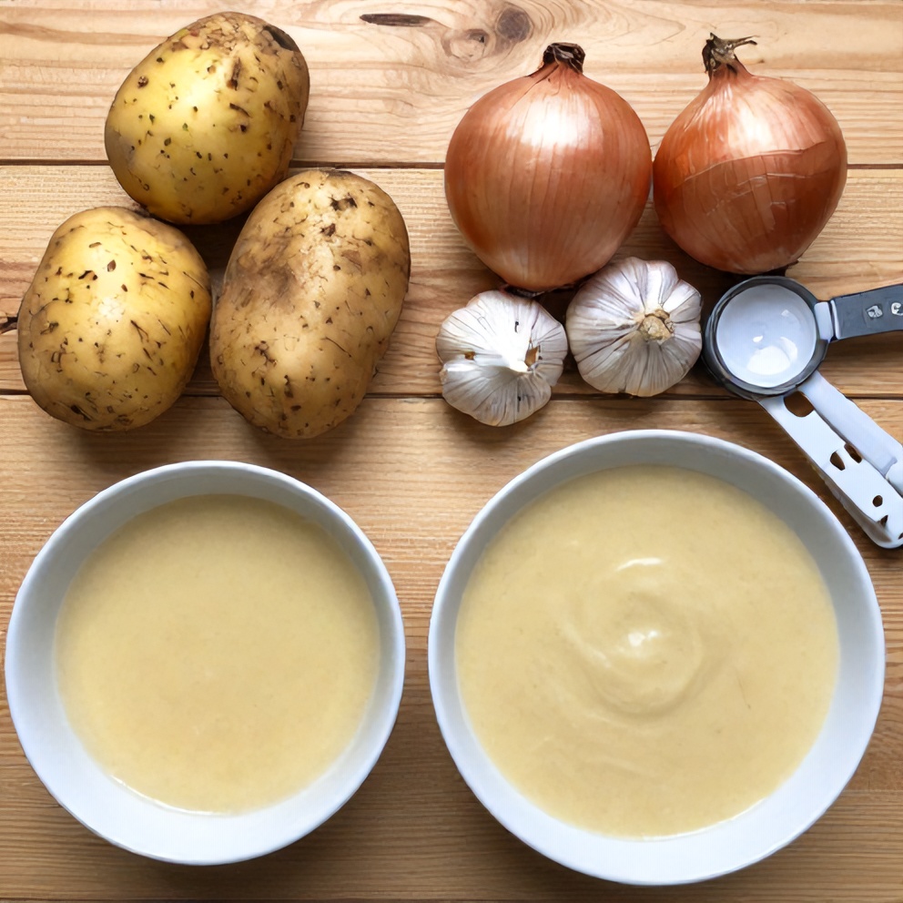 Ingredients for Cajun-Style Creamy Potato Soup laid out on a wooden surface, including potatoes, onions, garlic, chicken broth, and Cajun seasoning