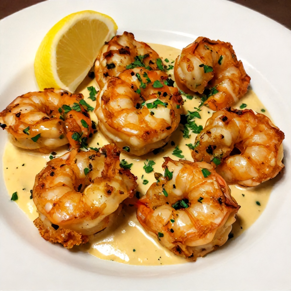 Plated Cajun Voodoo Shrimp Garlic Butter Sauce