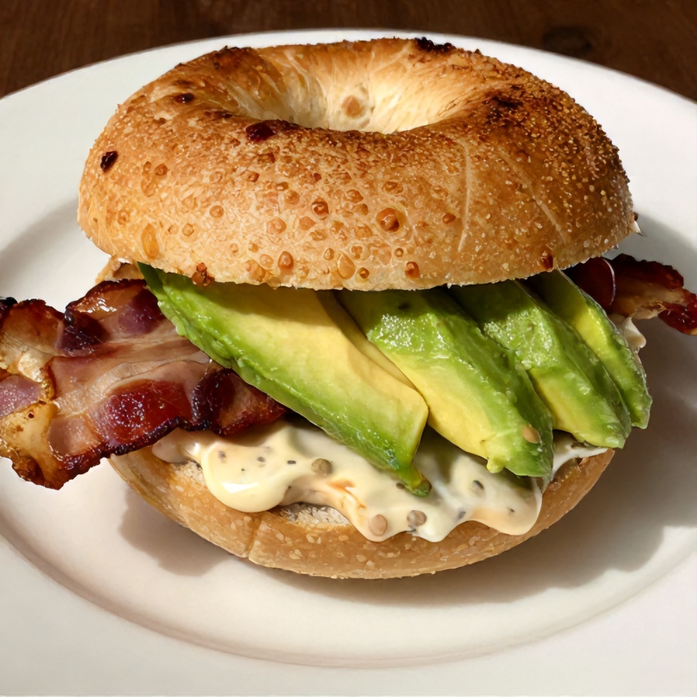 Plated California BLT Bagel with aioli on a white plate