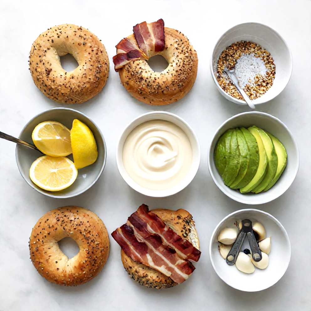 Raw ingredients for California BLT Bagel on a marble surface