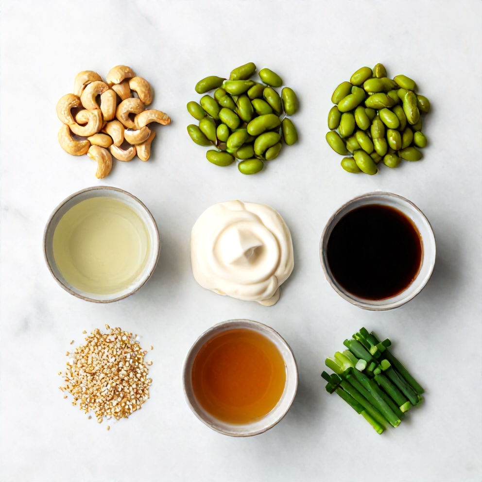 Cashew Edamame Salad ingredients including cashews, edamame, and dressing