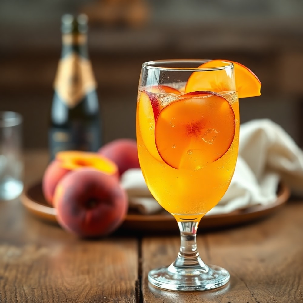 Champagne Peach Sangria garnished with peach slices
